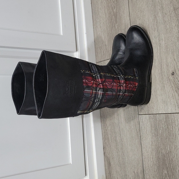 Coach Tartan Plaid and black Leather 'Chrissi' boots, size 8